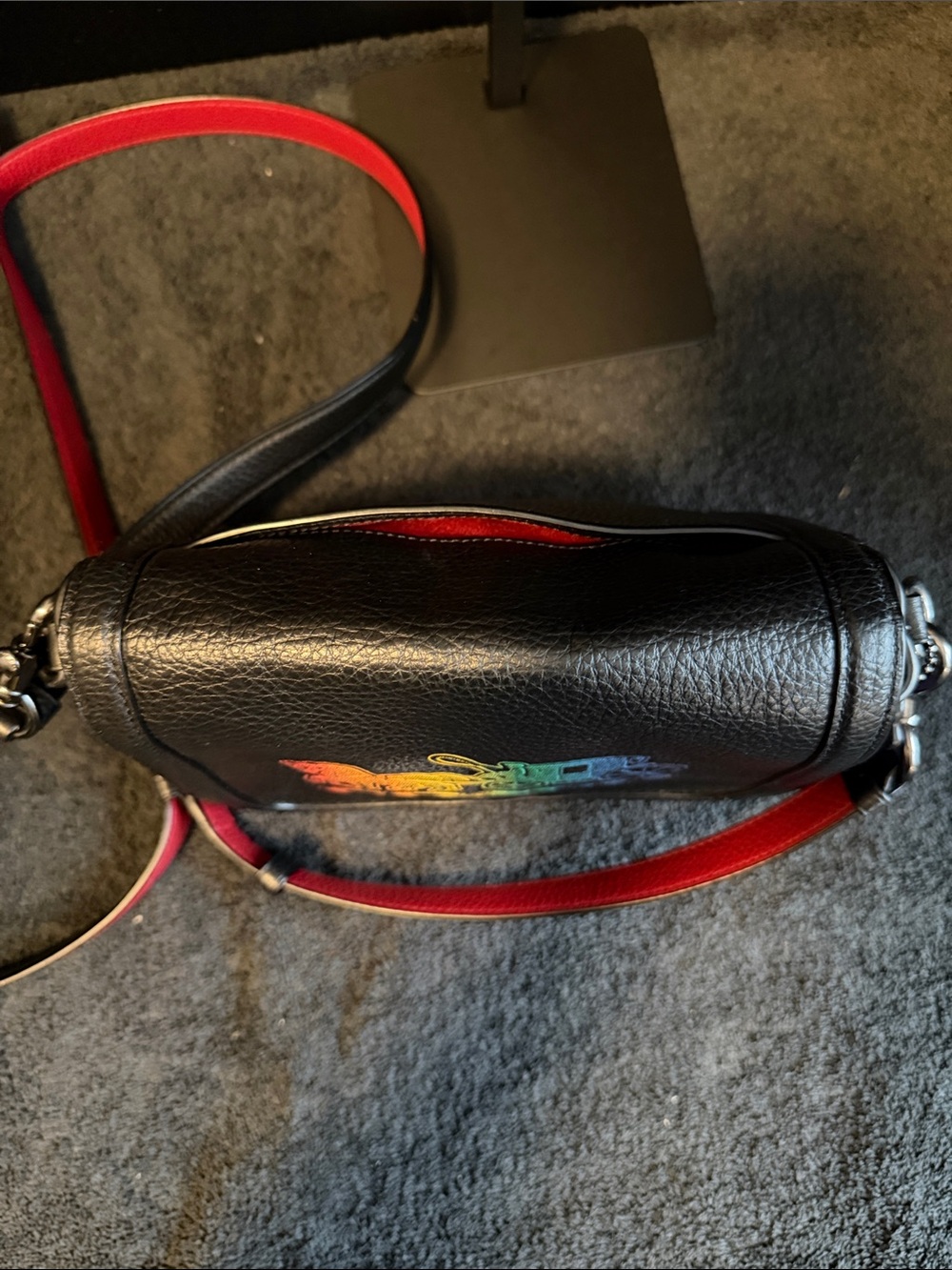 Coach Black Pebbled Leather Crossbody with Rainbow Coach Patch and Red Strap - Picture 6 of 11